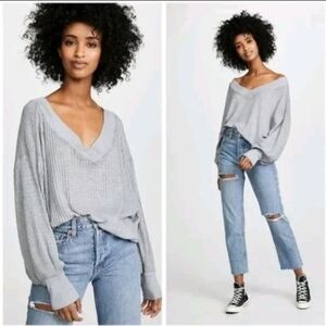FREE PEOPLE | WE THE FREE South Side Gray Thermal Waffle Knit Oversized Top SZ S